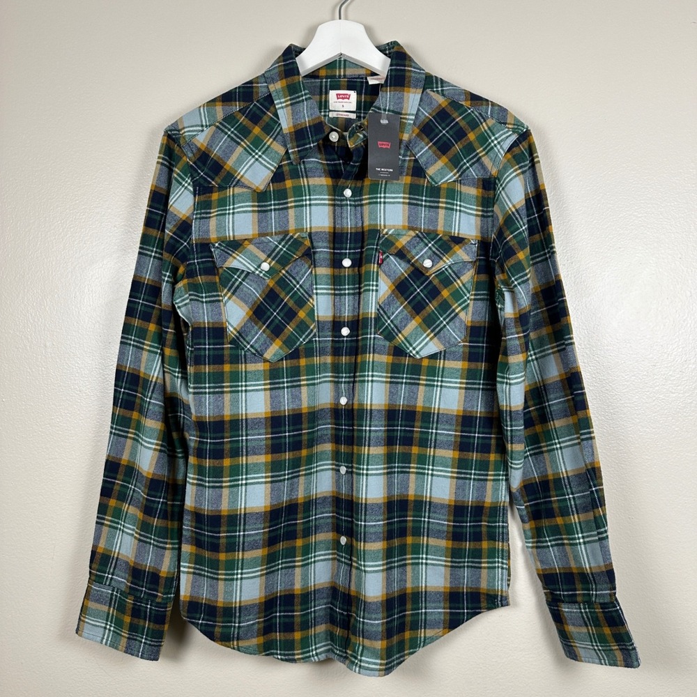 Levi's Men's S Western Shirt Green Plaid Pearl Snap Flannel 80s NEW